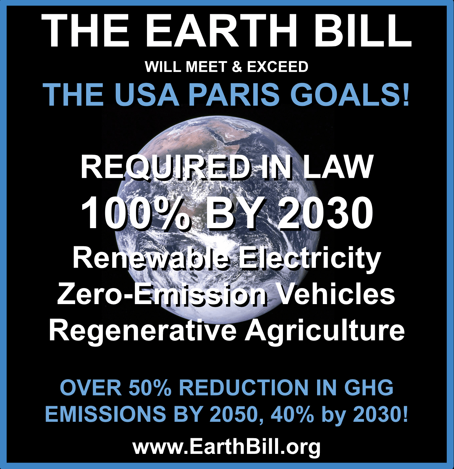The Earth Bill will meet and exceed the USA Paris goals! Requred in law 100% by 2030 renewable electricity, zero-emission vehicles, regenerative agriculture. Over 50% reduction in GHG emissions by 2050, 40% by 2030! www.earthbill.org