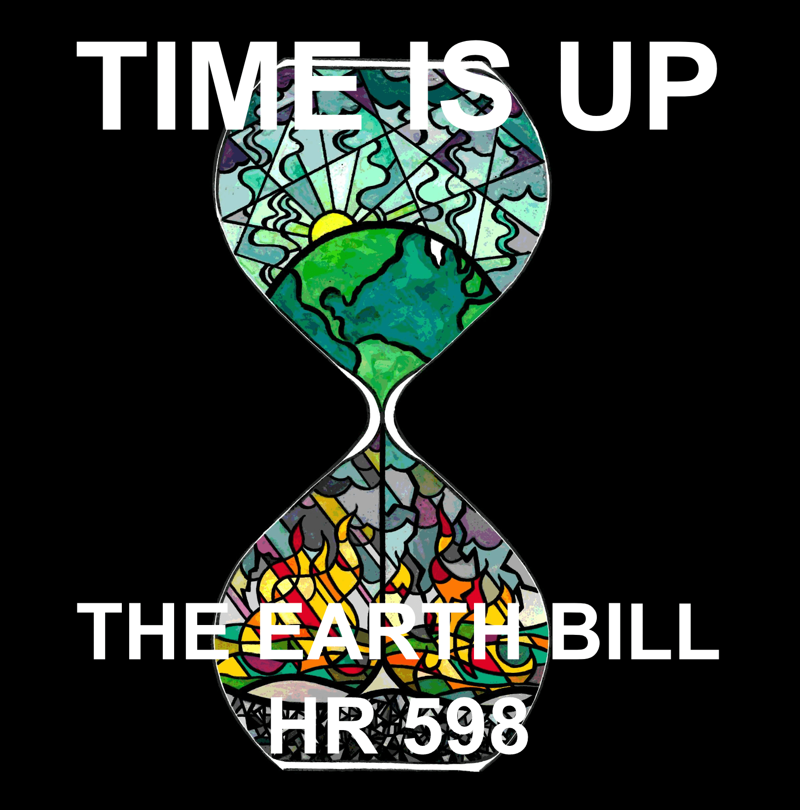 An hourglass icon with the text time is up. The Earth Bill. HR 598.