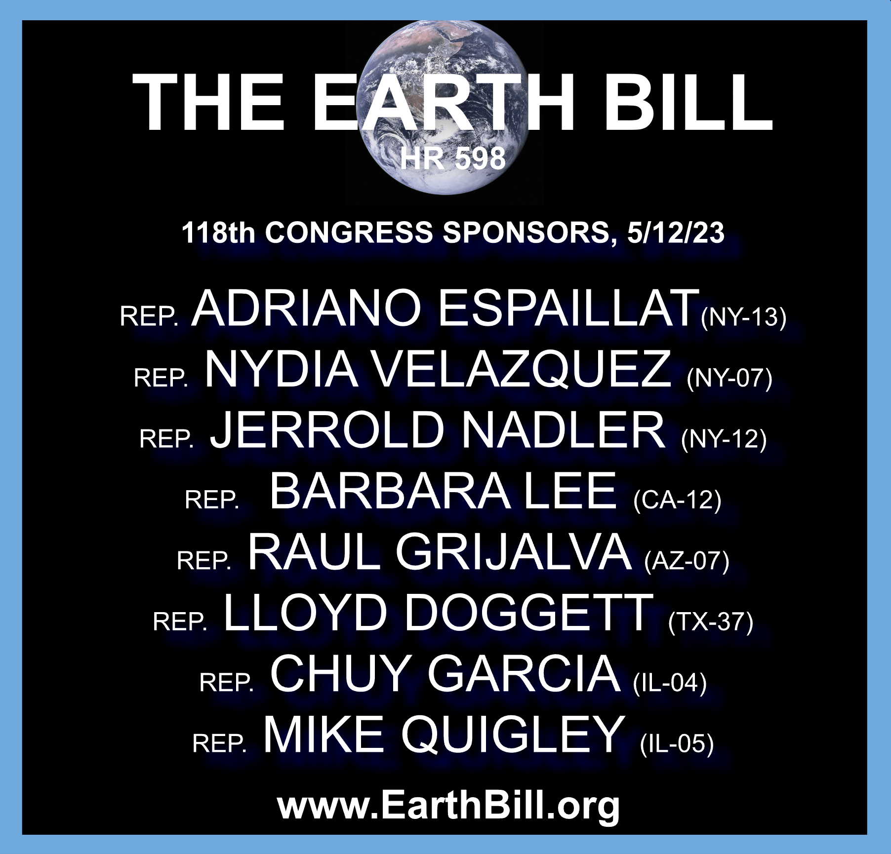 A list of sponsors for the earth bill HR598. The list has 8 sponsors for the 118th congress.